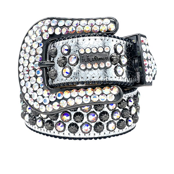 Luxurious B.B. Simon Lavasan Silver Crystal Embellished Genuine Leather Belt