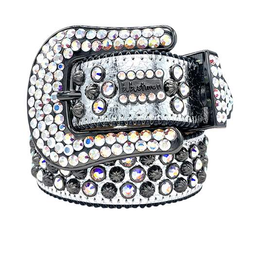 Luxurious B.B. Simon Lavasan Silver Crystal Embellished Genuine Leather Belt